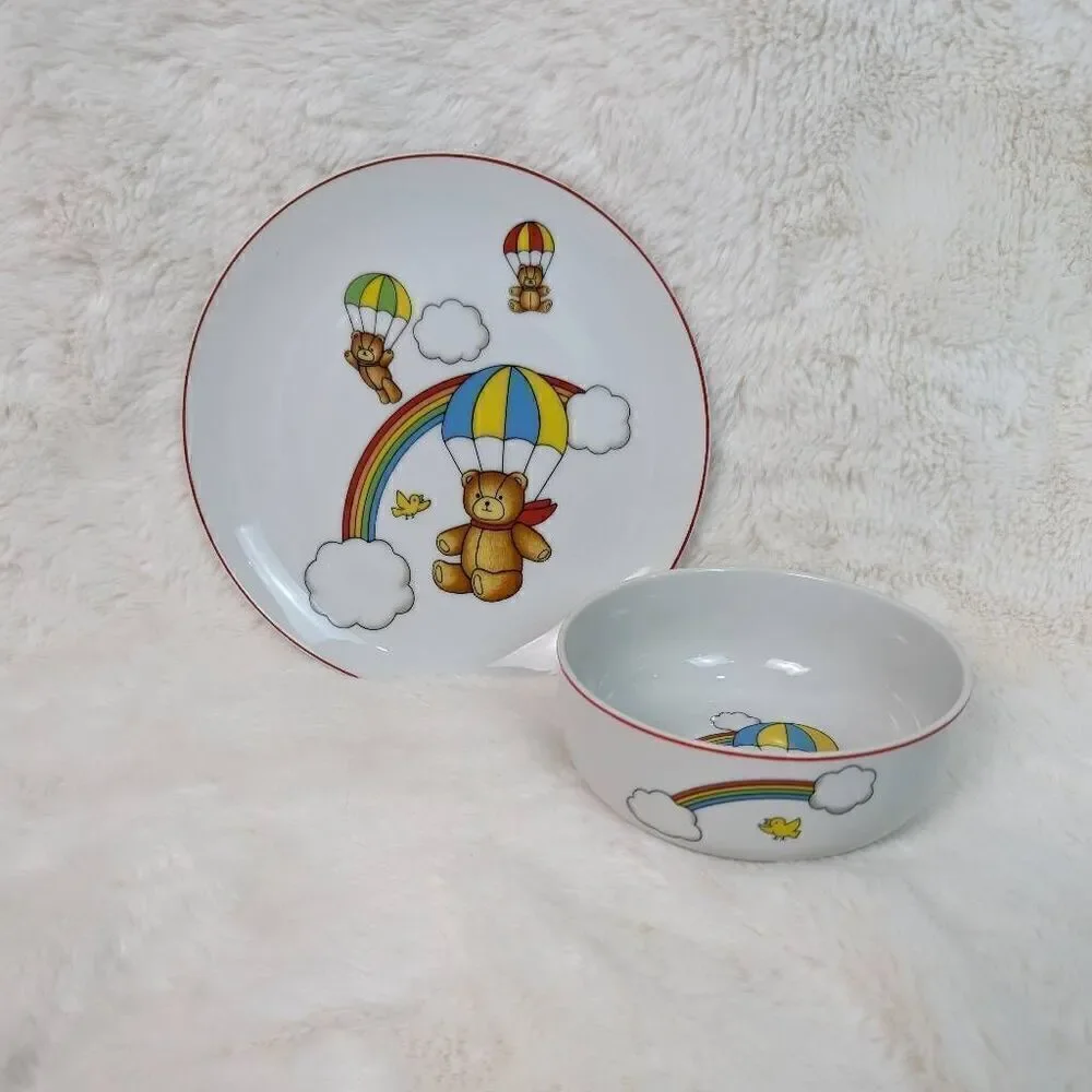 Andrea Sadek Japan Porcelain Childs Kids Plate Bowl Rainbow Teddy Bear Parachute